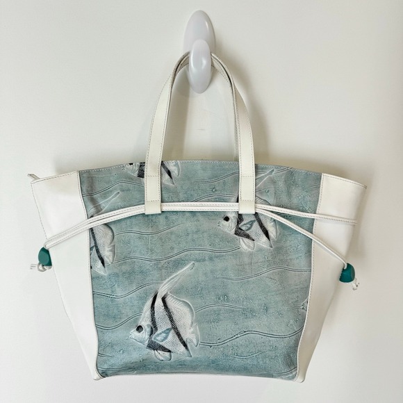 Claudia Firenze Leather Tote Bag Fish Print Turquoise Accent - Picture 7 of 10